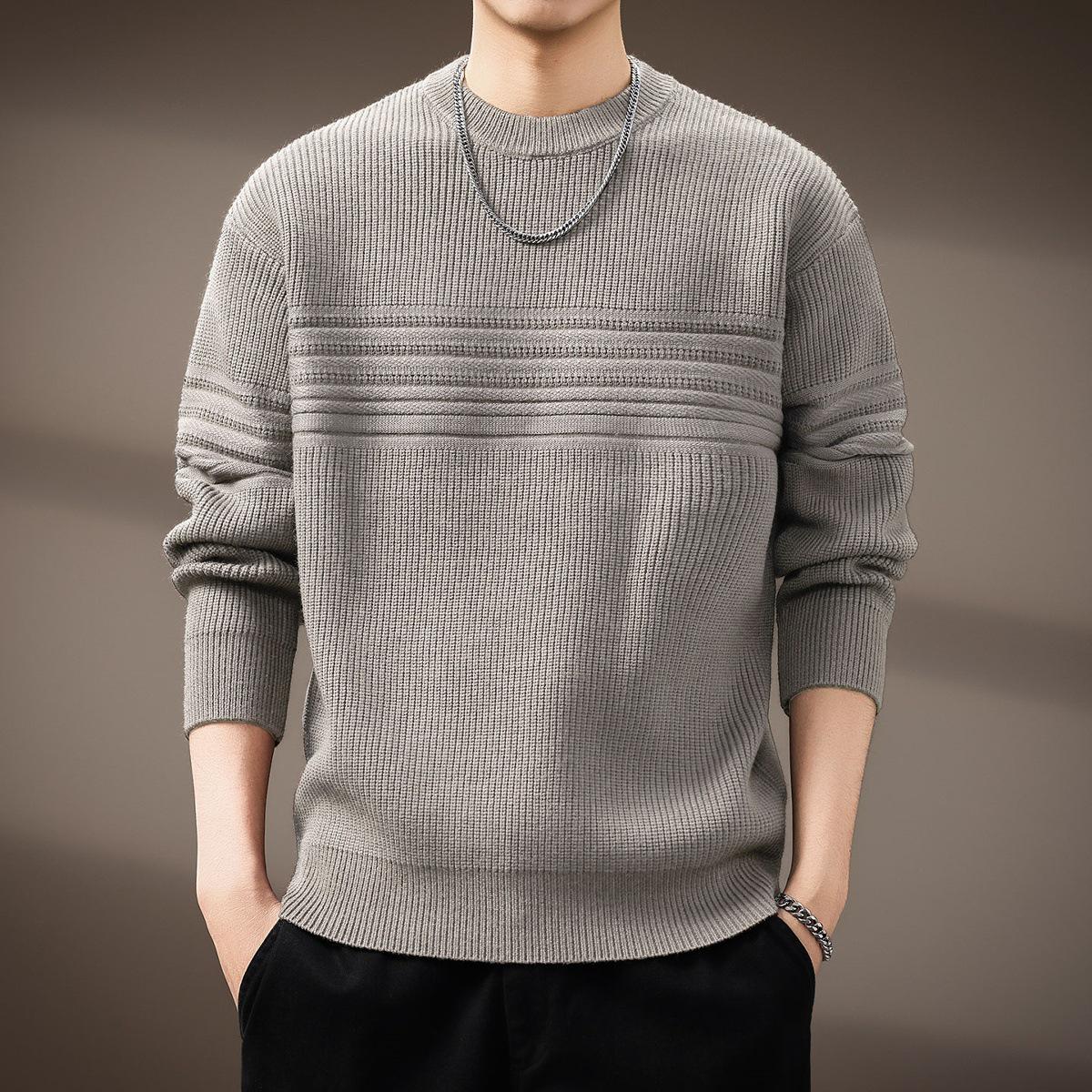 

Чоловічий щільний в язаний светр зі смугами та фактурою, 810 г, для осені/зими 3XL (180-200 jin) світло-сірий колір