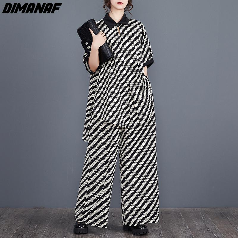 

DIMANAF Большие размеры 2024, летние брючные костюмы, женские черные комплекты с полосатым принтом, шифоновые свободные блузки, рубашки, длинные брюки, повседневная одежда
