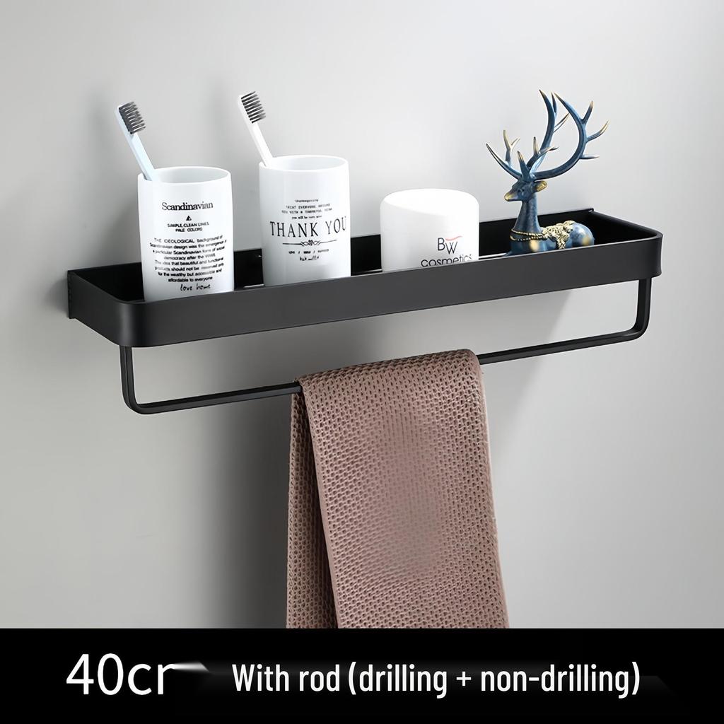 Black Space-Saving Aluminum Wall Shelf & Towel Rack - No Drilling Needed