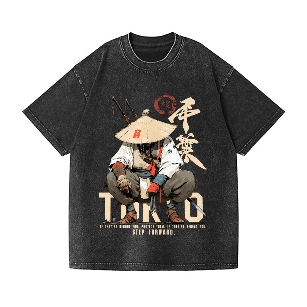 Samurai Vintage Wash Japanese Design T-Shirt and Wo Cotton 2026 Wash T Shirt