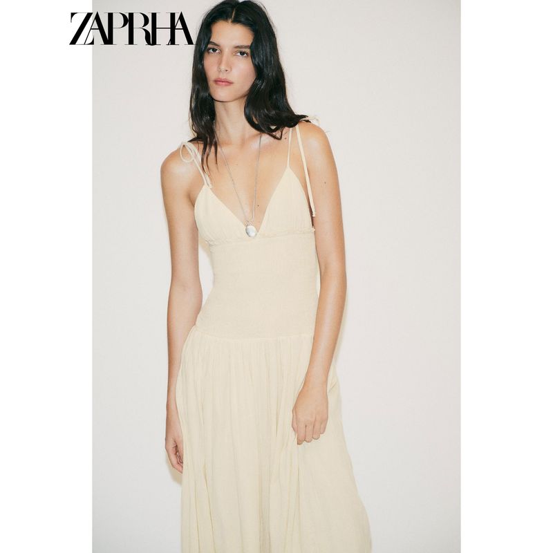 Zaprha 2025 Summer New Fashion Temperament Honeycomb Patchwork V-neck Midi Sling Dress 0881393