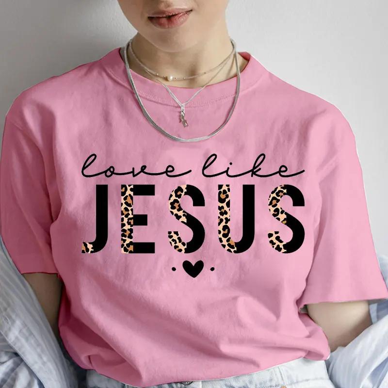 Christian Tee Shirt Femme Love Like Jesus Shirt for Women Jesus Leopard Print Design Unisex Shirt Short Sleeve Clothes for Women