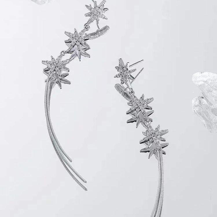 S925 Silver Starry Tassel Earrings: Elegant Eight-Pointed Star Design for Women