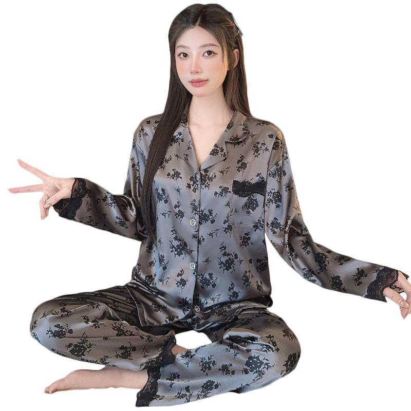 New ice silk pajamas women's spring new long-sleeved trousers high-end small floral loungewear set