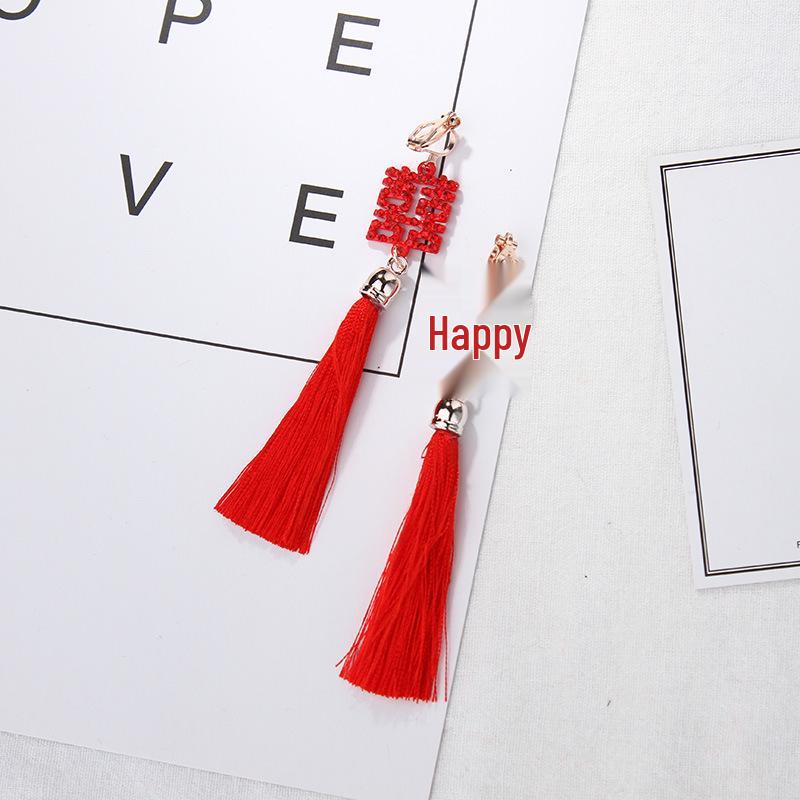 Hanfu-Inspired Red Tassel Clip-On Earrings with Chinese Knot Design