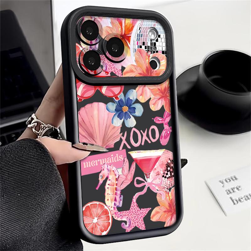 Shockproof Phone Case For iPhone 17 Pro Max Pink Cartoon Floral Pattern Silicone Cover For iPhone 16 Pro Max Cover iPhone 15 14 13 12 11 16E Air