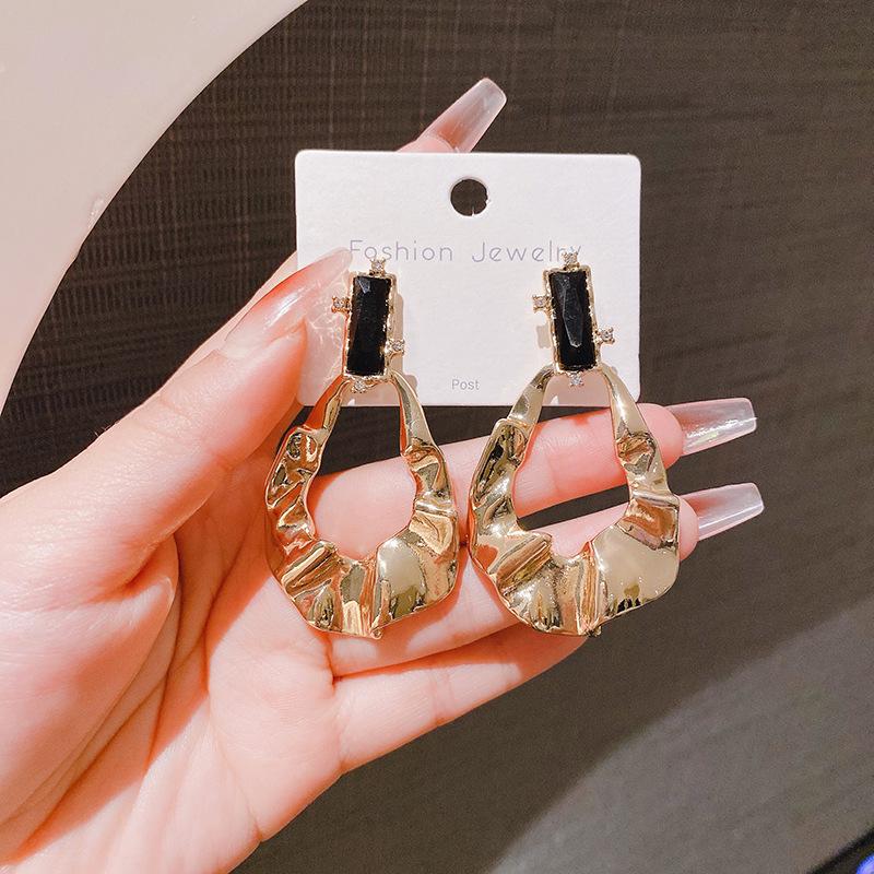 Geometric Diamond-Inlaid Metal Earrings: Exaggerated European & American Design