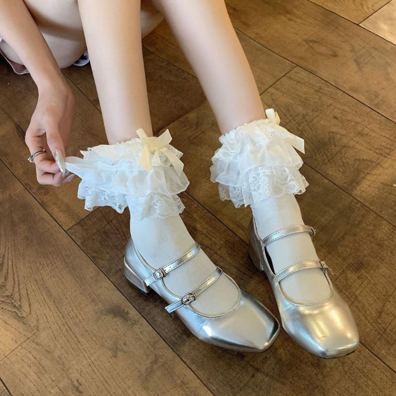 Elegant Tiered Lace Ruffle Calf Socks Cute Bowknot Wing Princess Anklet Frilly Trim Dress Socks for Women and Girls