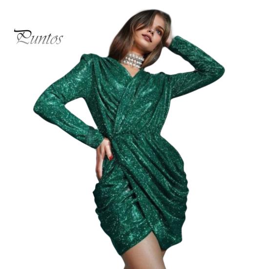 Lady Club Dress Deep V Neck Pleated Sequin Long Sleeve Irregular Hem Baggy Dress Celebrity Banquet Prom Cocktail Party Mini Dress