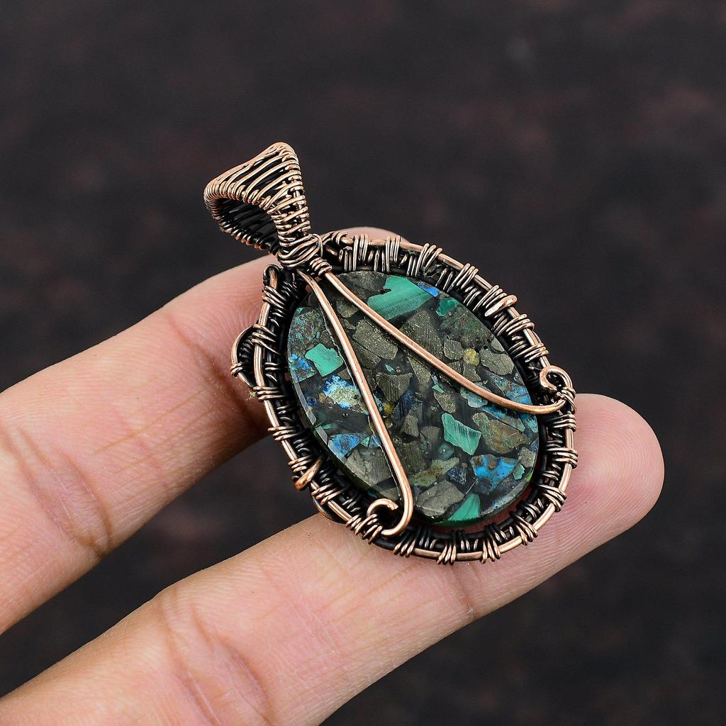 Copper Azurite Malachite Pendant Copper Wire Wrapped Gemstone Pendant Handmade Pendant Copper Jewelry Ethnic Style Pendant Jewelry For Gift