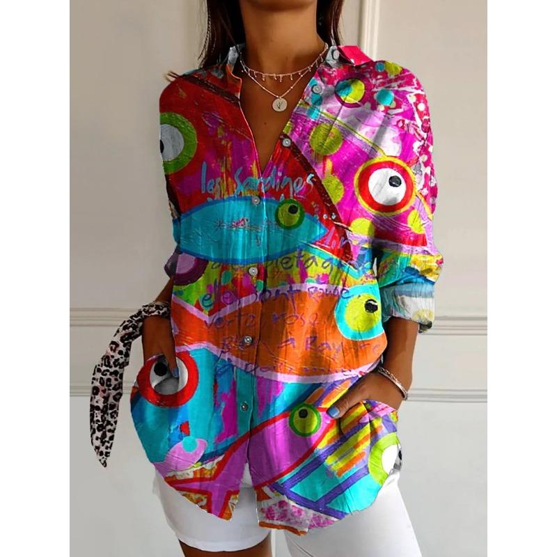 Women Casual Print Shirt Summer Elegant Long Sleeve Button Tops Shirts Womens Clothing