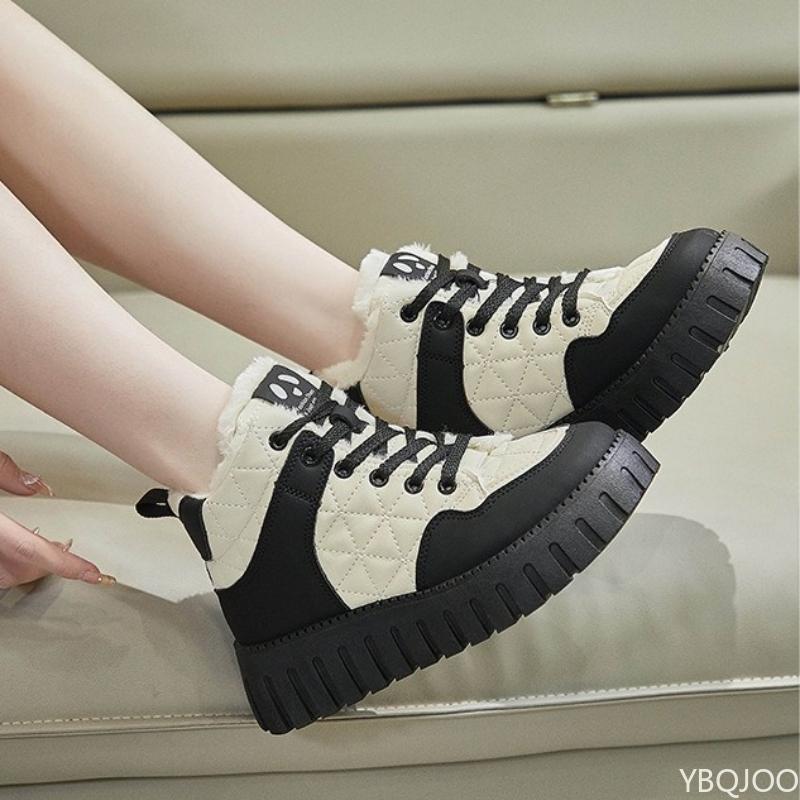 Fashion Women's Cotton Shoes Plush Winter Thick Sole Comfort Anti Slip Warm Ankle Boots Lace Up Platform Height Increasing Boots