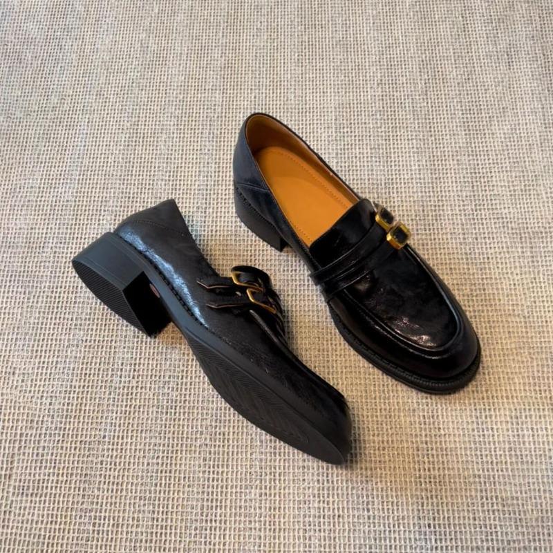 Cowhide version of small leather shoes one pedal lazy uniform shoes women's thick heel leather retro round head