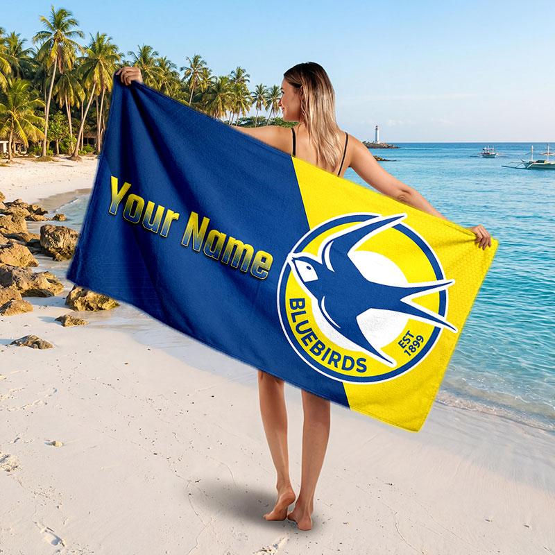 Cardiff City Custom Beach Towel, Personalized Name Text Print, Football Logo Soft Quick‑Dry Towel Holiday Gift