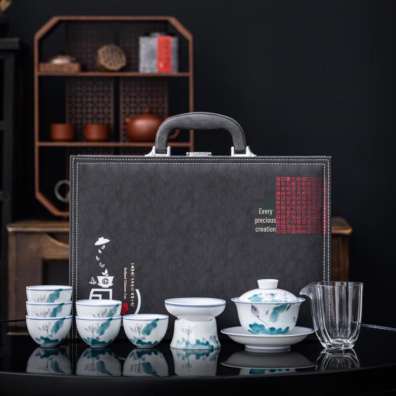 ZISIZ DongShengDa 10-Piece Hand-Painted Suet Jade Porcelain Tea Set