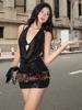 European & American Low-Cut Halter Sequin Dress - Solid Color, Slim Fit, Open Back, Short Length, Hip-Hugging Design