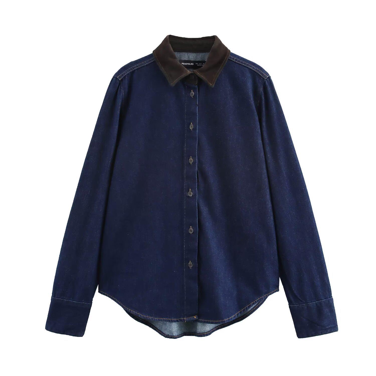 

2024 Autumn/Winter Women s Cotton Patchwork Long-Sleeve Denim Shirt - European & American Style L