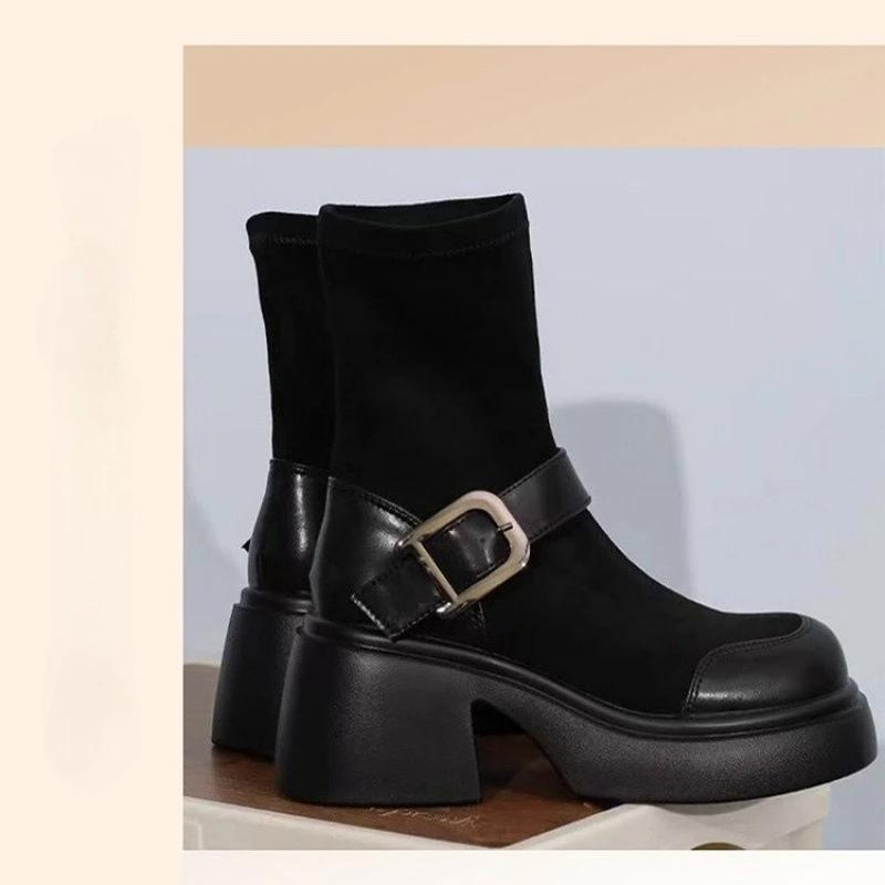 Fashion Long Boots Women Platform Elastic Socks Boots British Wind Show Thin Metal Buckle Ankle Boots 2025 New