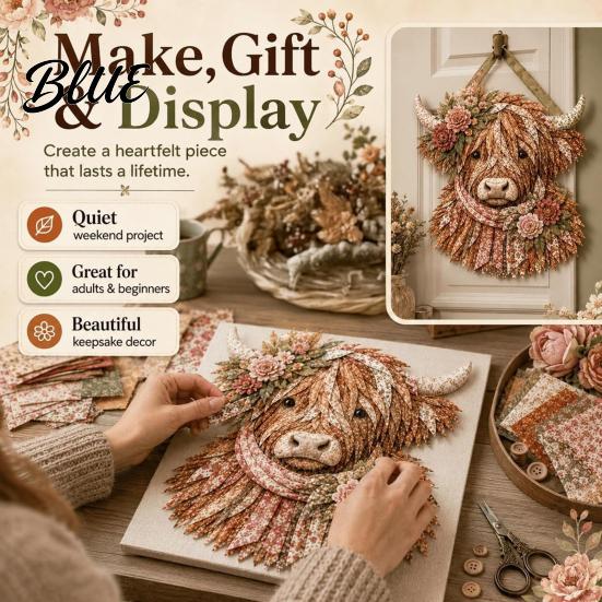 Adult Fabric Art Adults Beginner-Friendly Layered DIY Cow 3D Project Highland Kit for Textured Wall