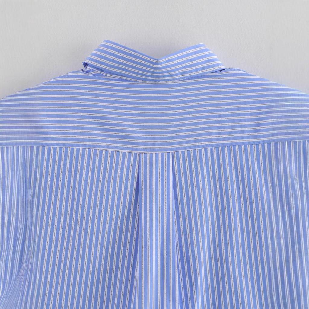 2025 Spring Women's European & American Style Blue Striped Shirt with Versatile Pocket