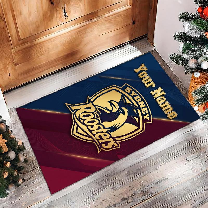 Sydney Roosters Crystal Velvet Rug, Custom Name Text Personalized Non‑Slip Floor Mat for Home Decor Gift