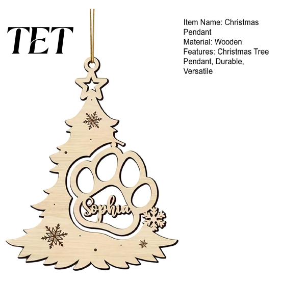 Holiday Gifts for Pet Lovers Wood Christmas Tree Pendant with Paw Print, Hollow Engraved Hanging Rustic Decor Home Ornament, Style Craft Party