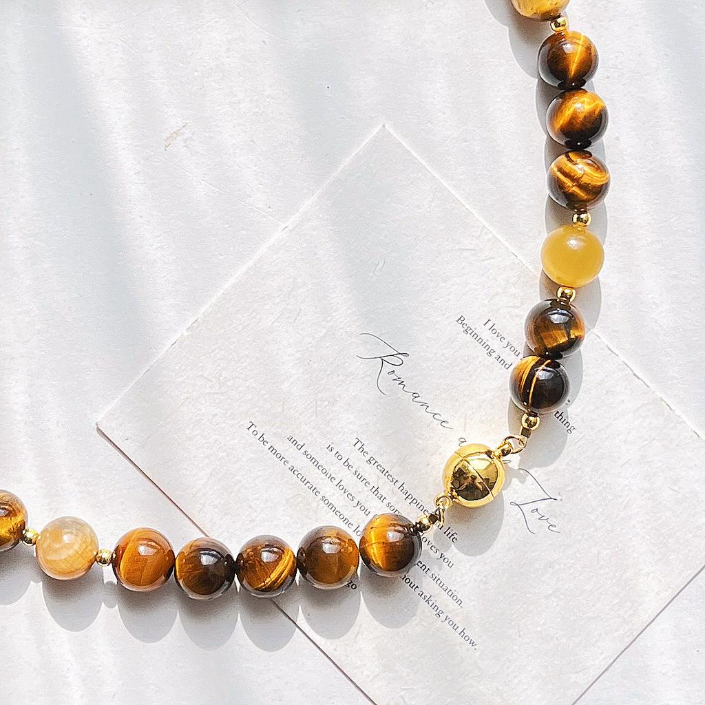 10mm Autumn and Winter Retro High Quality Natural Tiger's Eye Citrine Design Necklace Collarbone Chain Sweater Chain Women