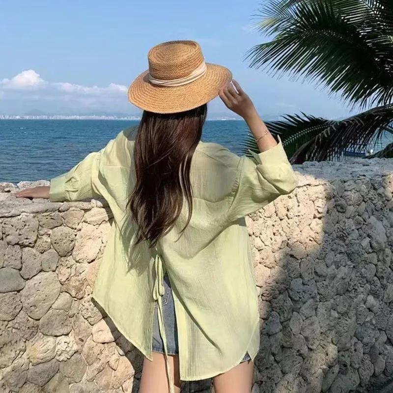 Thin Long Sleeve Sunscreen Shirt Woman Back Split Lace Up White Shirts Women Casual Loose Holiday Beach Blouse