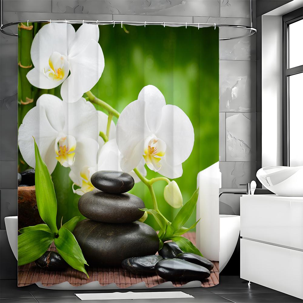 Zen White Butterfly Orchid Black Stone Shower Curtain, Bathroom Decorative Shower Curtain, Waterproof Shower Curtain with Hooks