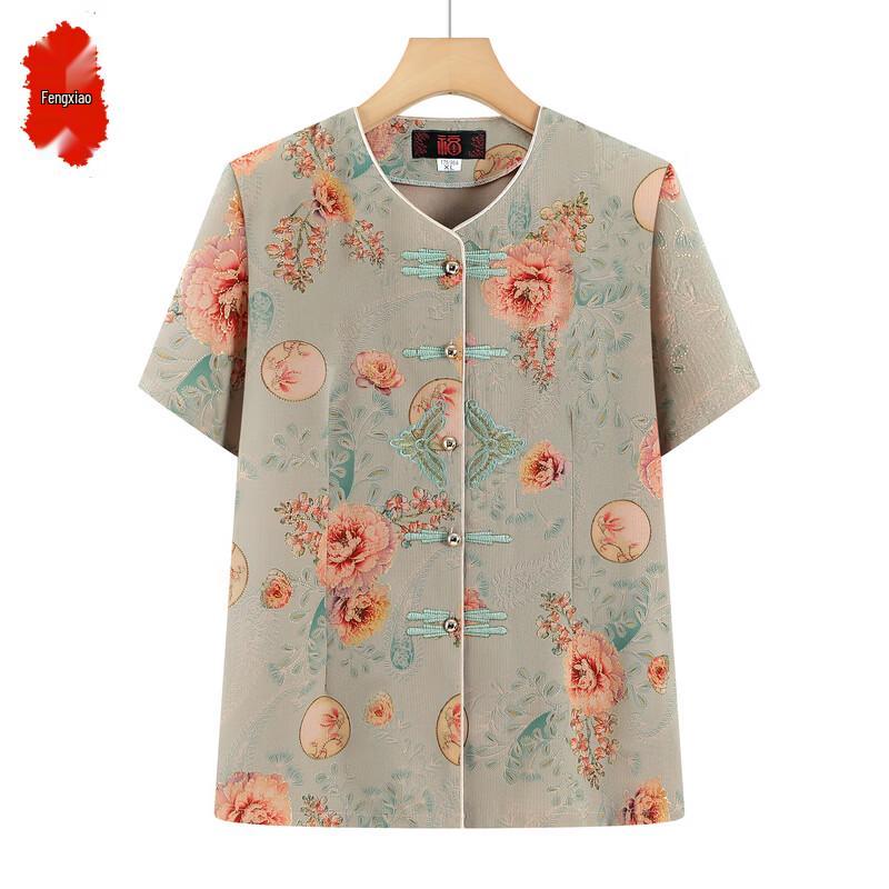 Women s Summer Floral Short Sleeve Tang Suit Style Shirt 3XL зелёный