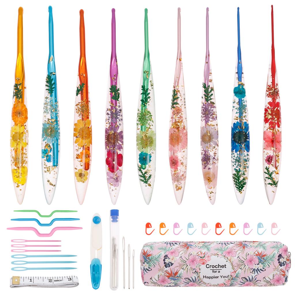 9/12 Pcs Crochet Hook Set Ergonomic Crochet Hooks with Storage Bag Floral Resin Plastic Practical Crochets Hooks Set for Weaving