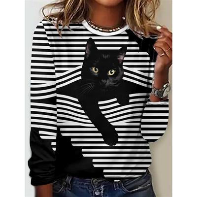 Women's T Shirt Crew Neck Long Sleeve Tunic Cat Striped Casual Regular Tops Daily Print Black Green Spring Fall MAO 