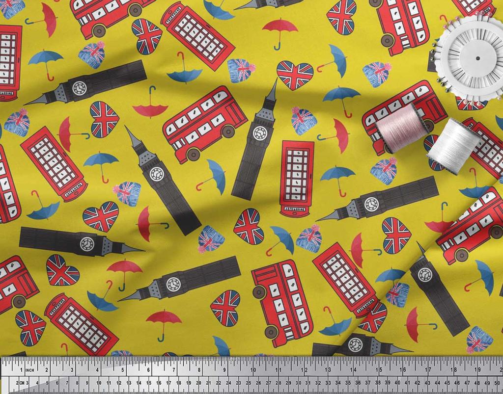 Soimoi Japan Crepe Satin Fabric Bus,Telephone Booth & London Clock Tower Architectural Print Sewing Fabric Metre 42 Inch