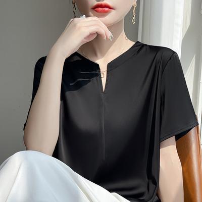 Kadınlar için Yaz V Yaka Kısa Kollu Tişört, Düz Renk Bol, Zayıflatıcı, Şık, Parlak ve Zarif Temel Katman