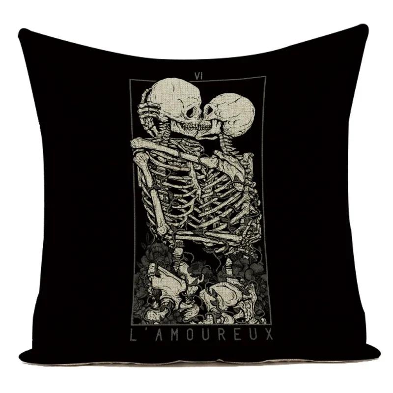 Horror Tarot Cushions Cover Bone Stand Decorative Cushioncovers Print Linen Pillows Black And White Portrait Pillows Cases Cojin