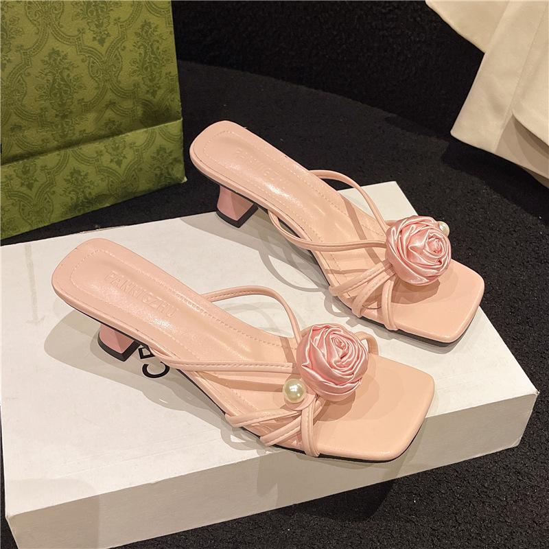 Stylish and Exquisite Beauty with Skirt Thick Heel Cool Slippers Women's 2025 New Temperament Versatile Wear Cool Slippers