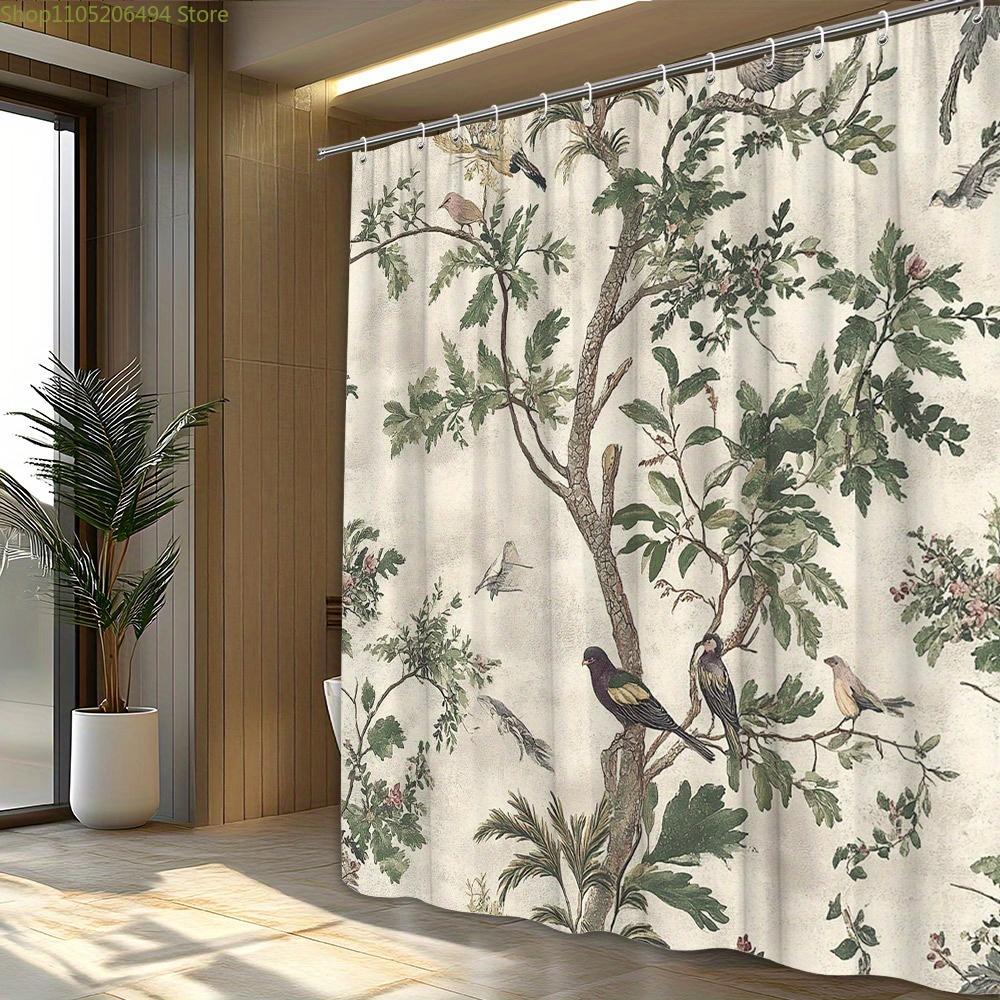 Vintage Botanical & Bird Shower Curtain - Hand-Drawn Style with Lush Green Foliage, Pink Flowers & Birds, Antique Design for B