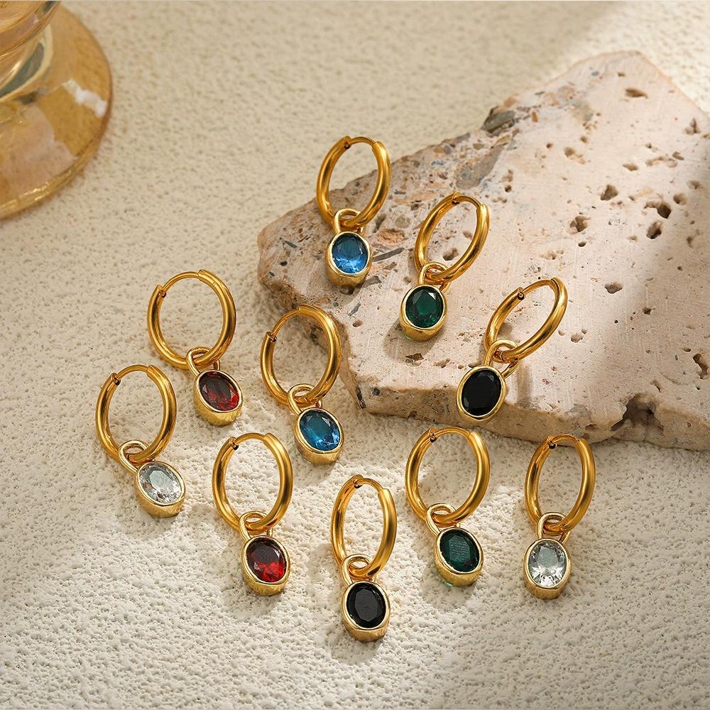 SSeesy Trendy High Quality PVD 18K Gold Plated Tarnish Free Oval Zircon Earrings Stainless Steel Party Engagement Gift