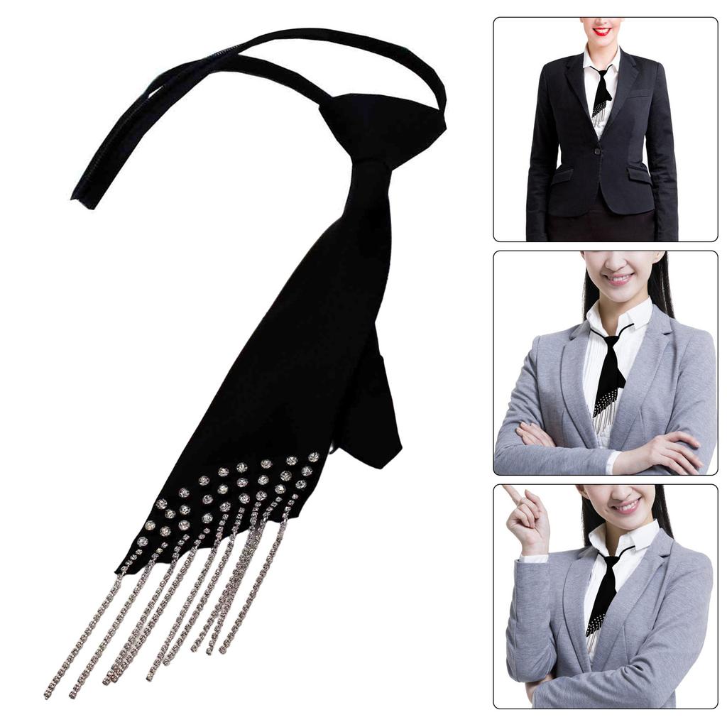 JK Necktie with Rhinestones Fringed for Women Girl Adjustable Neck Tie Collage Student Uniform Nightclub Dress Up Necktie