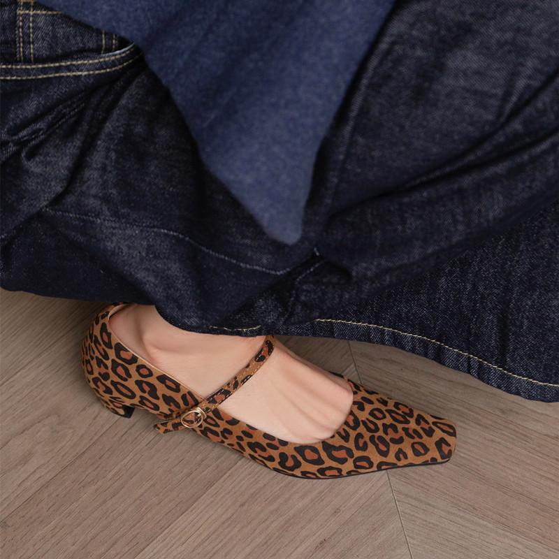 Fashion 2024 New Spring Women Pumps Leopard Print Square Toe Genuine Leather Women Shoes Mary Janes Black Kid Suede Ladies Shoes