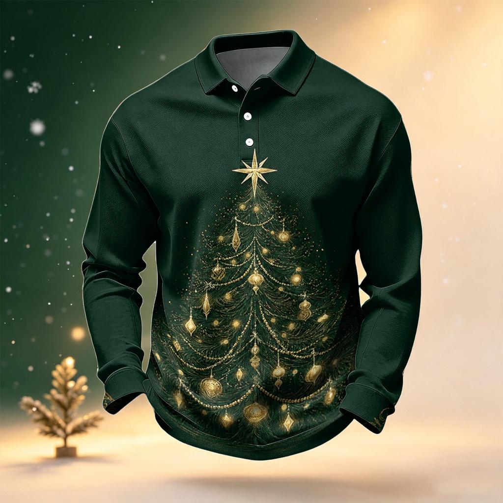 Men's Long Sleeve Golf Shirt Christmas Print Quick-Dry Mesh Casual Activewear Top