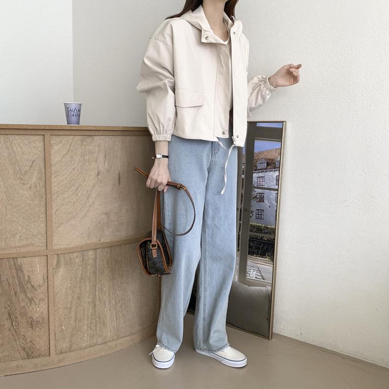 Autumn Vintage Korean Hooded Zipper Casual Solid Color Long Sleeve Jacket for Women