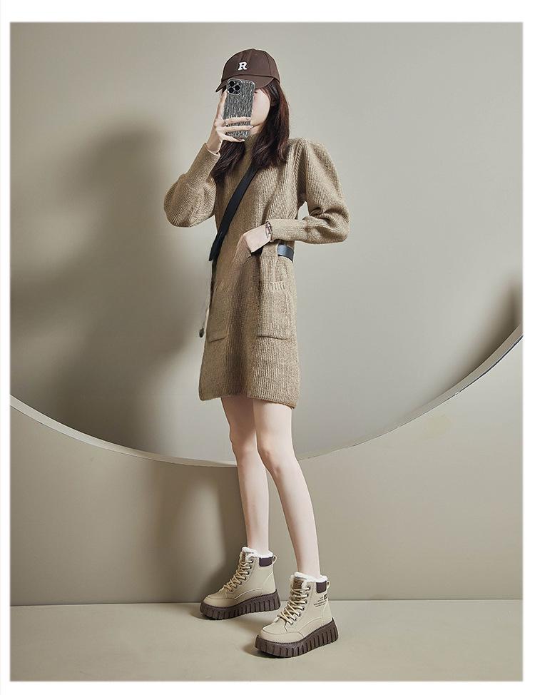 Ghete de iarnă înalte pentru femei, coreene, cu talpă groasă și căptușeală din pluș, 2024 (Model K2509)