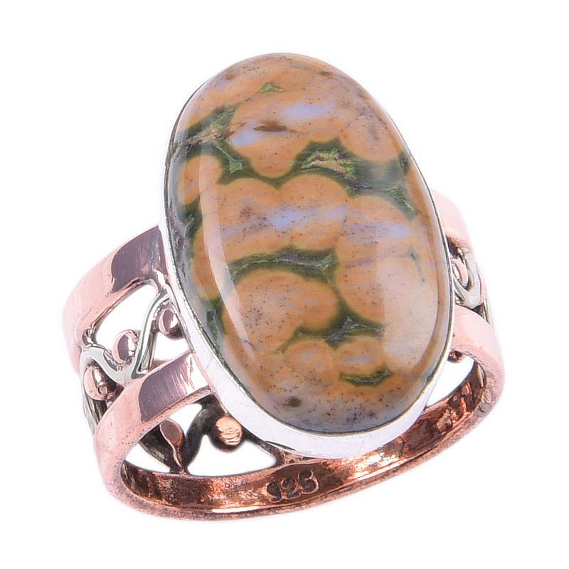 Natural Ocean Jasper Gemstone 925 Sterling Silver Jewelry Two Tone Ring S.6 T0E53
