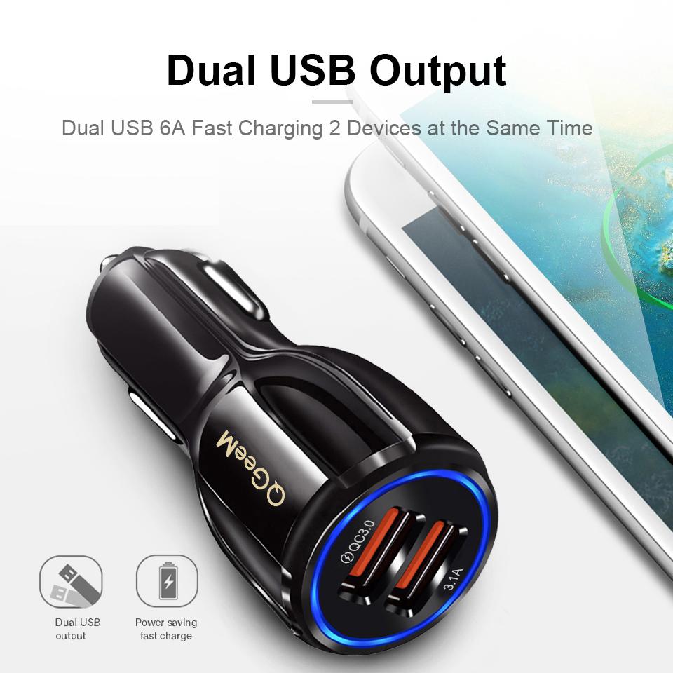 QGeeM Çift USB QC 3.0 Araç Şarj Cihazı Hızlı Şarj 3.0 Telefon Şarj Araba Hızlı Şarj Cihazı 2 Port USB Taşınabilir iPhone Şarj Cihazı Xiaomi