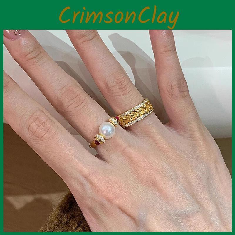 Chic Adjustable Geometric Design Ring For Women Featuring Shimmering Crown And Pearl Accents