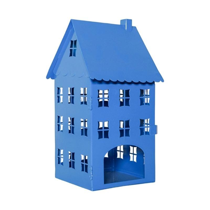 Hollowout Ice House Metal Blue Tealight Holder Hanging Lanterns for Indoor Table Centerpieces Decoration
