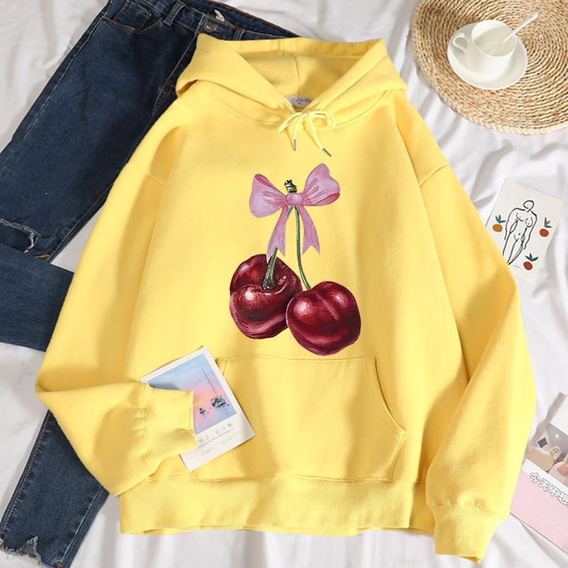 Bow Red Cherry Pattern Printing Hoodie Women Warm Hoody Trendy Casual Daily Hooded Autumn Loose Woman High Quality Aesthetic Top