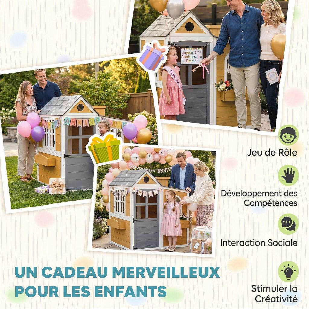 Outdoor Wooden Playhouse for Children, Door, Windows, 3 Flower Boxes, Yellow