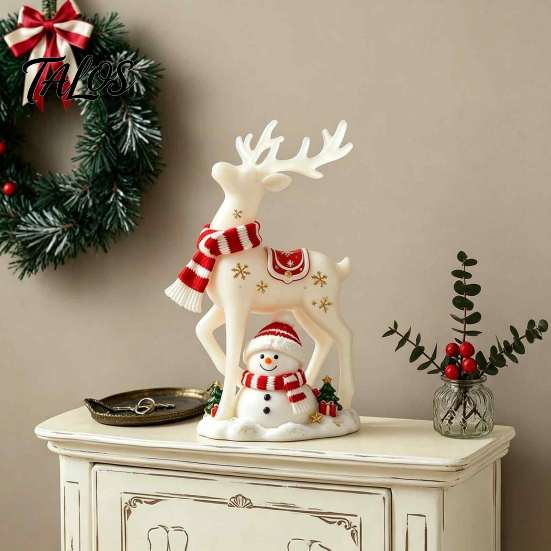 Resin Elk Snowman Ornaments Christmas Reindeer Figurine, White Deer Statue with Red Scarf, Unique Housewarming Gift Winter Holiday Tabletop Fireplace
